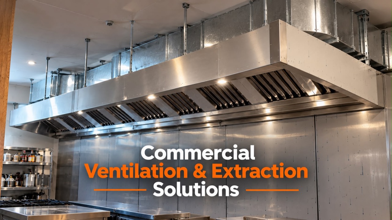 Stainless steel extraction canopy with galvanised ductwork in a commercial kitchen