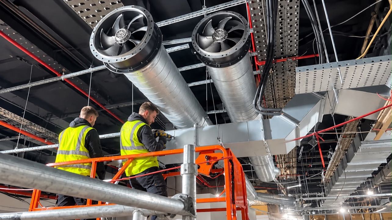 Engineers fitting twin extraction fans and spiral ductwork above a commercial kitchen
