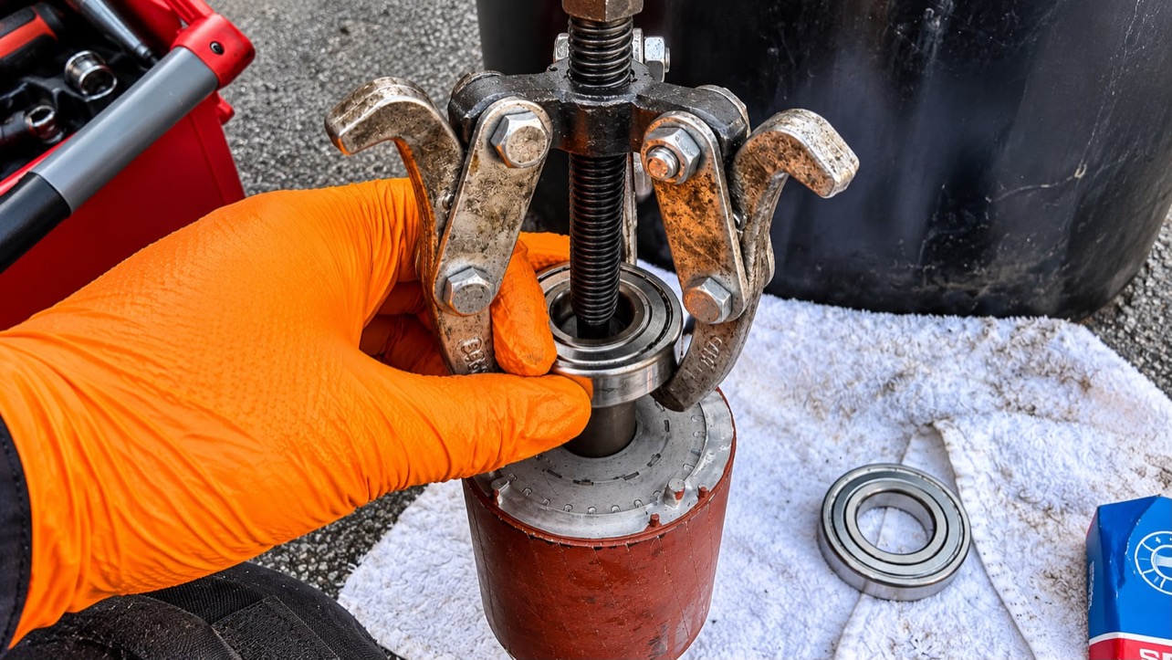 Engineer in orange gloves using a puller to remove a bearing from an extractor fan motor