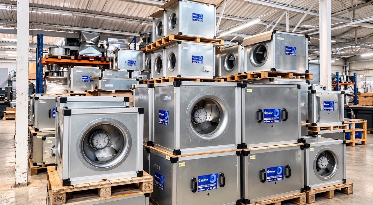 Stock of commercial box extractor fans on pallets in a warehouse