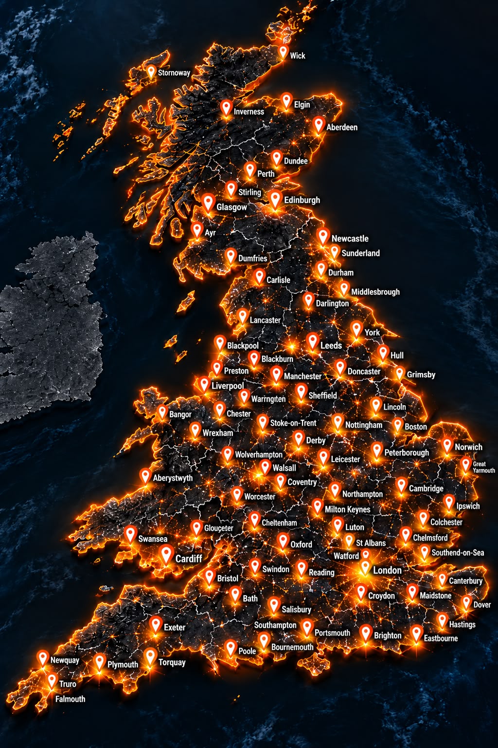 Map of the UK with glowing pins marking the towns and cities we cover